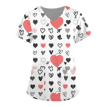 

XHJUN Scrub Tops Women Print Casual Short Sleeve Cute Cartoon Print Scrub Shirts with Pockets White L