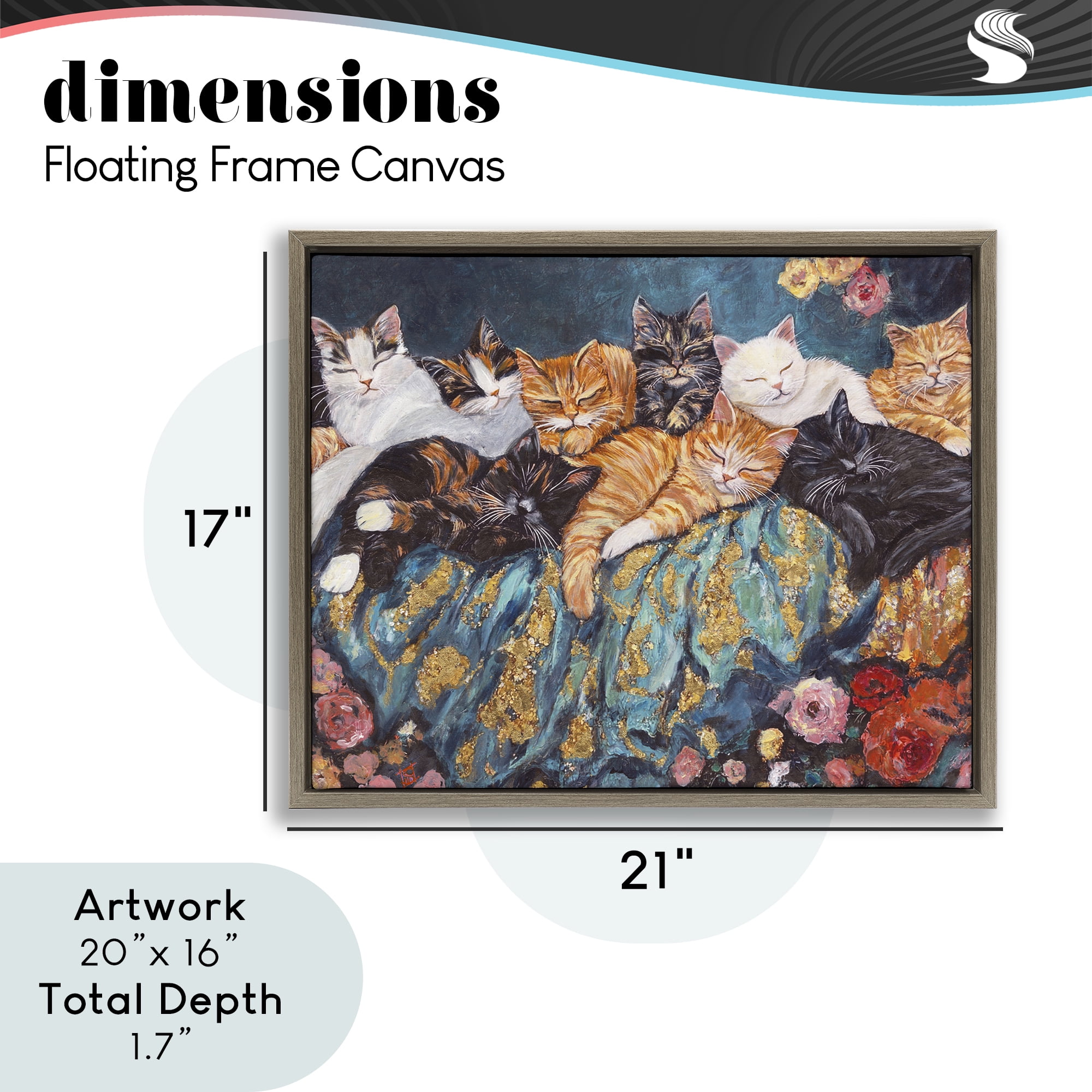 Sleepy Kitty Crowd with Flowers Brown Framed Floater Canvas Wall Art, design by Sara Culpepper