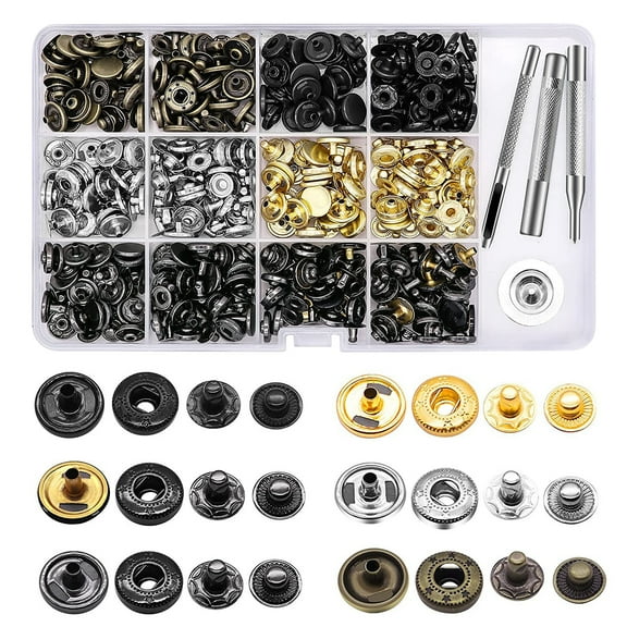 Leather Snap Fasteners Kit 120 Set Metal Button Snaps with Setter Tools - Clothes, Jackets, Jeans, Bracelets, and Bags (6 Colors)