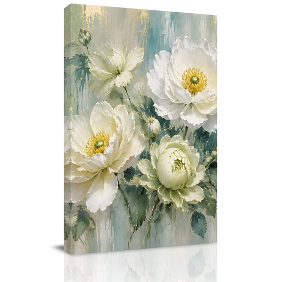 Canvas Wall Art, White Green Flowers Framed Canvas Prints for Bedroom Dining Room, Modern Abstract Blooming Floral Leaf Large Gallery Wrapped Wall Decor for Home Office, Gifts, 20"x24" Ship Next Day