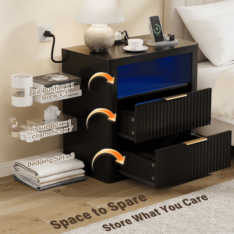 Homall Nightstand with Charging Station & LED Lights, Heavy-Duty Modern End Table with 2 Drawers, Bedside Table for Bedroom, Living Room, Black