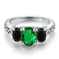 thumbnail image 3 of Gem Stone King 925 Sterling Silver Green Nano Emerald and Black Onyx Filigree Style 3-Stone Ring for Women (1.55 Cttw, Oval 8X6MM and 6X4MM, Size 9), 3 of 6
