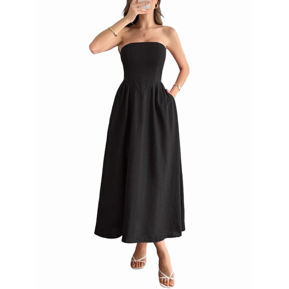 Women Strapless Tube Maxi Dress Flowy Swing Long Sundress Sleeveless Summer Boho Beach Dress with Pokets Black XL