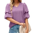 thumbnail image 5 of Giftesty Women's Summer Solid Color Double Puff Sleeve Blouses Summer Half Sleeve Dot Tops V Neck T-Shirts Blouse, 5 of 8