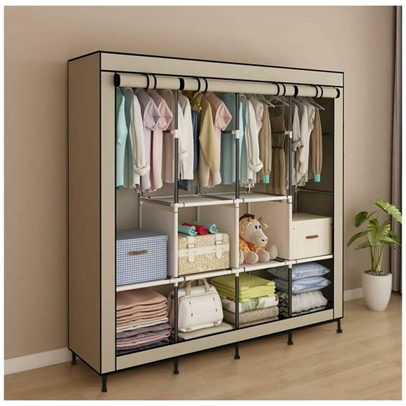 AGASY Clothing Rack Organizer - Portable Closet Wardrobe - Closet System - Almirah for Clothes - Large Wardrobe Clothes Organizer 6 Shelves 4 Hanging Sections 4 Side Pockets 65.7x17.7x66.9in (Beige)