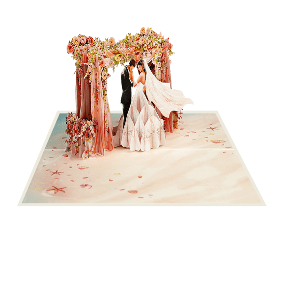Seaside Wedding Vows Pop-Up Card – Handmade 3D Wedding Greeting Card, Bride & Groom by the Sea, Romantic Beach Wedding Congratulations Card with Envelope, 5x7 Inches