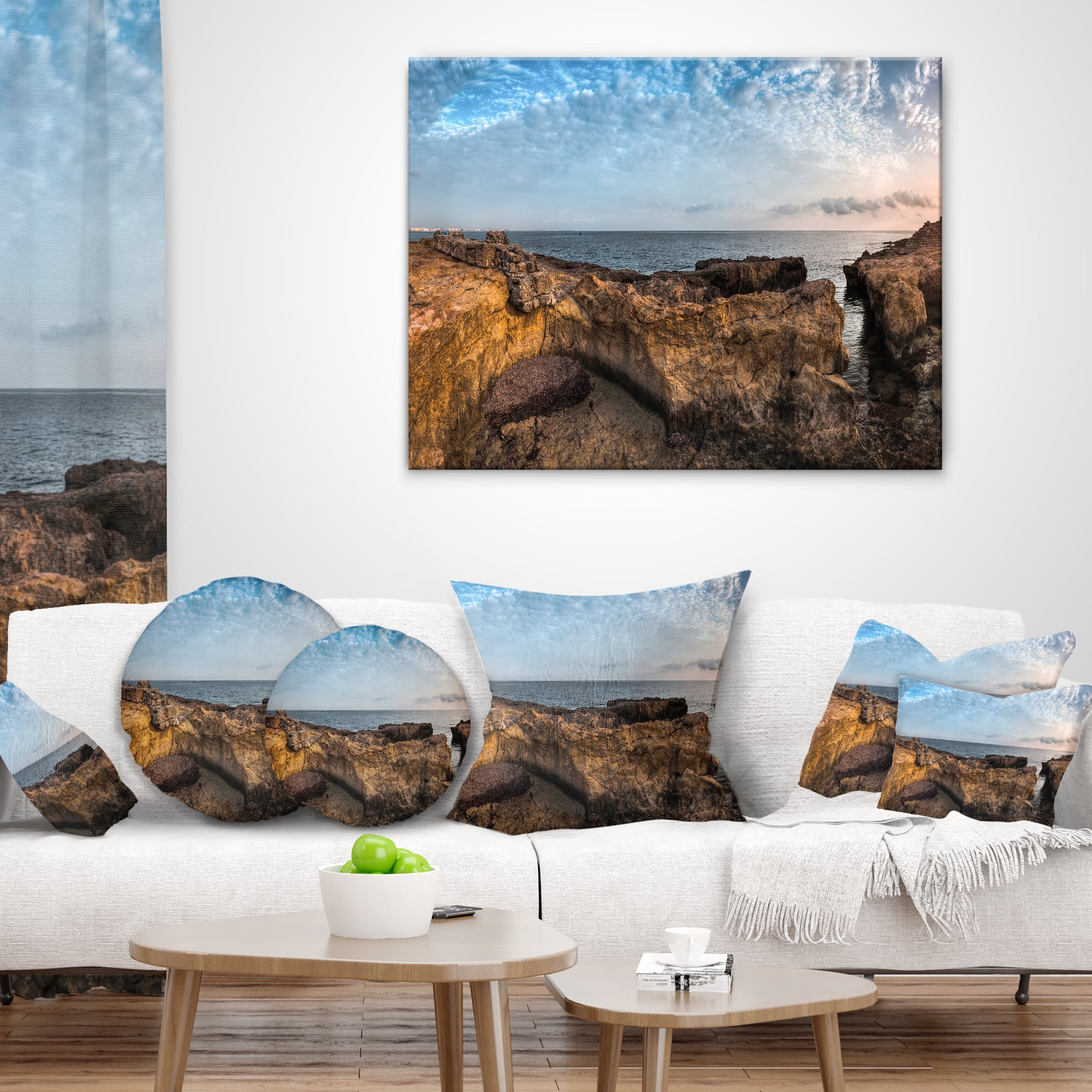 Designart Rough Rocky Coast under Blue Sky - Oversized Beach Throw Pillow - 16x16
