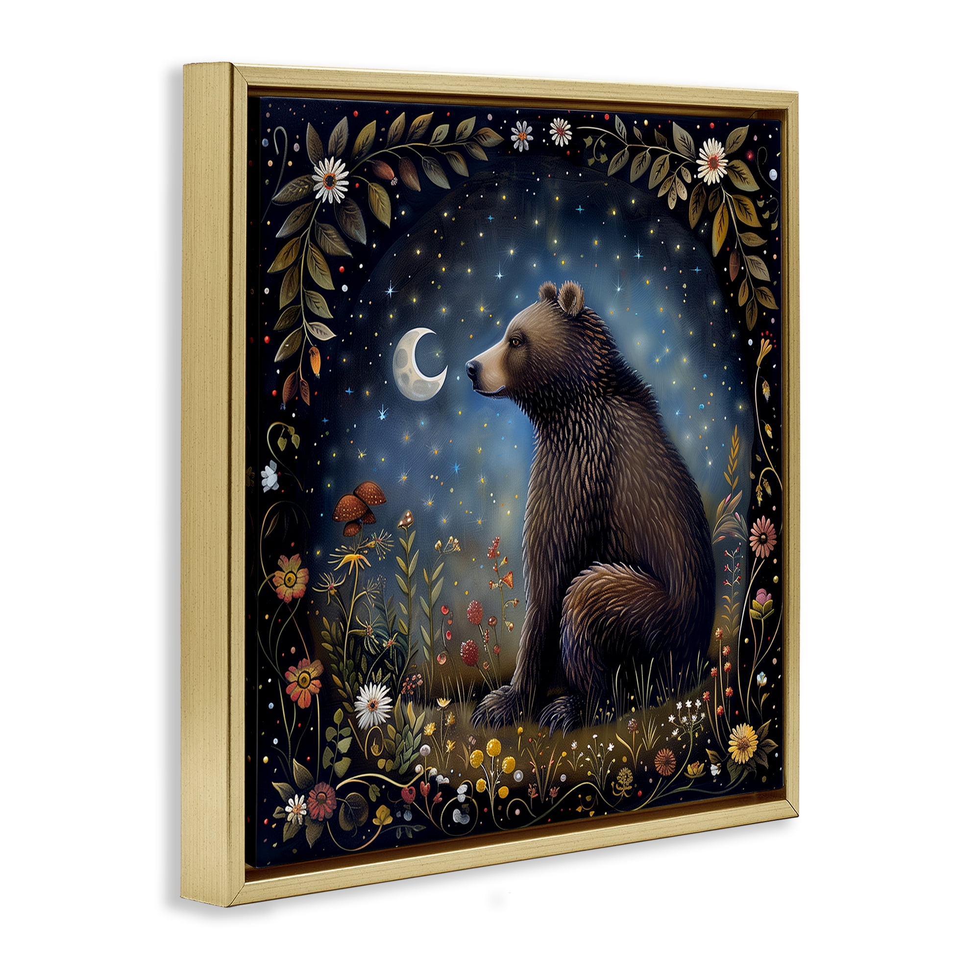 Stupell Industries Woodland Bear Night Forest Animals Painting Gold Floater Framed Canvas Art Print Wall Art, 18 x 18