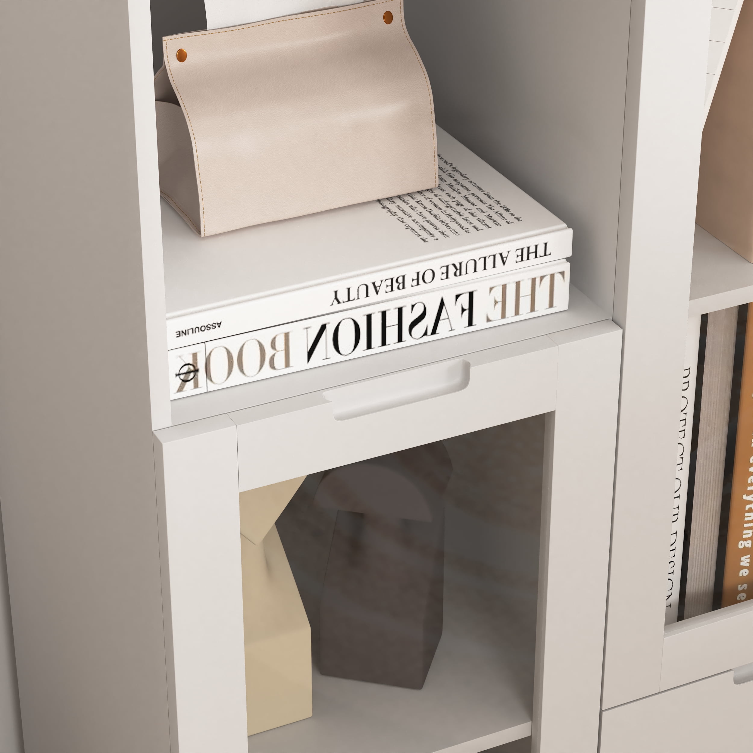 MAYEERTY White MDF Cabinet with Glass Doors & Drawer, Modern Storage Cabinet for Living Room & Bedroom, White