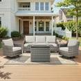 thumbnail image 2 of Bellefurn Patio Furniture Set with 43" Fire Pit Table,5 Pieces All Weather Wicker Outdoor Furniture with High Back Swivel Patio Chairs and Outdoor Couch for Deck Balcony Backyard, 2 of 14