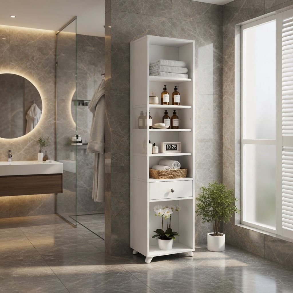 Demi Bonn Bathroom Storage Cabinet, Bathroom Floor Cabinet, Freestanding Slim Bathroom Cabinet with Drawer and Adjustable Shelves, for Bathroom, Living Room, Bedroom, Kitchen, White