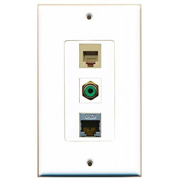 RiteAV - 1 Port RCA Green and 1 Port Phone RJ11 RJ12 Beige and 1 Port Shielded Cat6 Ethernet Decorative Wall Plate Decorative