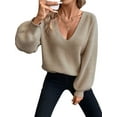 thumbnail image 3 of Women Off the Shoulder V Neck Sweater Top Fitted Long Sleeve Shirt Tie Back Sweater Light Beige L, 3 of 9