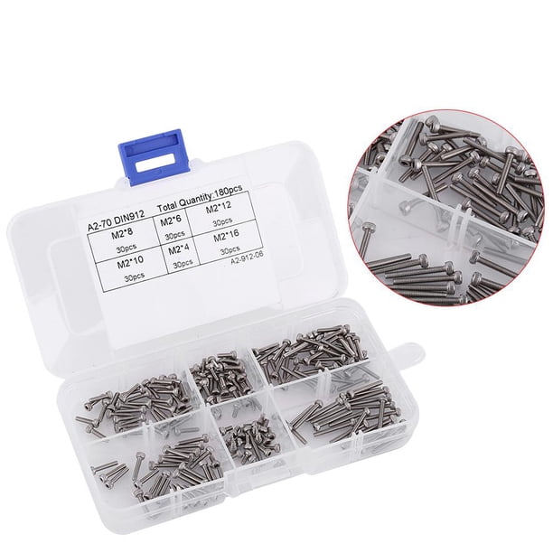 Tornillos M2, paquete de 180 piezas 304 de acero inoxidable 6 tipos de tornillos de cabeza hexagonal de cabeza hueca M2 Kit Kit negro con caja Ecomeon no