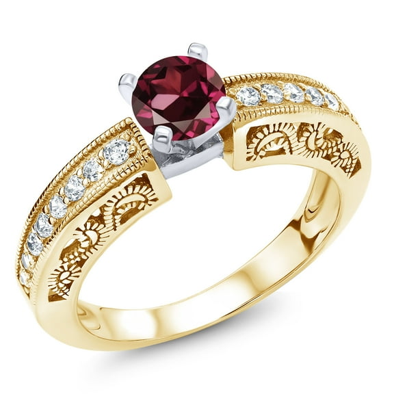 Gem Stone King 1.59 Ct Round Red Rhodolite Garnet 18K Two-Tone Plated Sterling Silver Ring (Size 6)