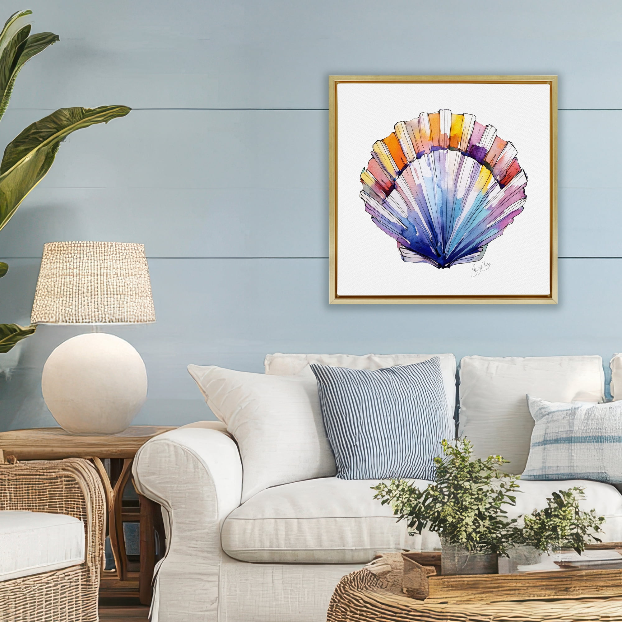 Stupell Industries Coastal Scallop Watercolor Gold Framed Floater Canvas Wall Art, design by Shelly Craig
