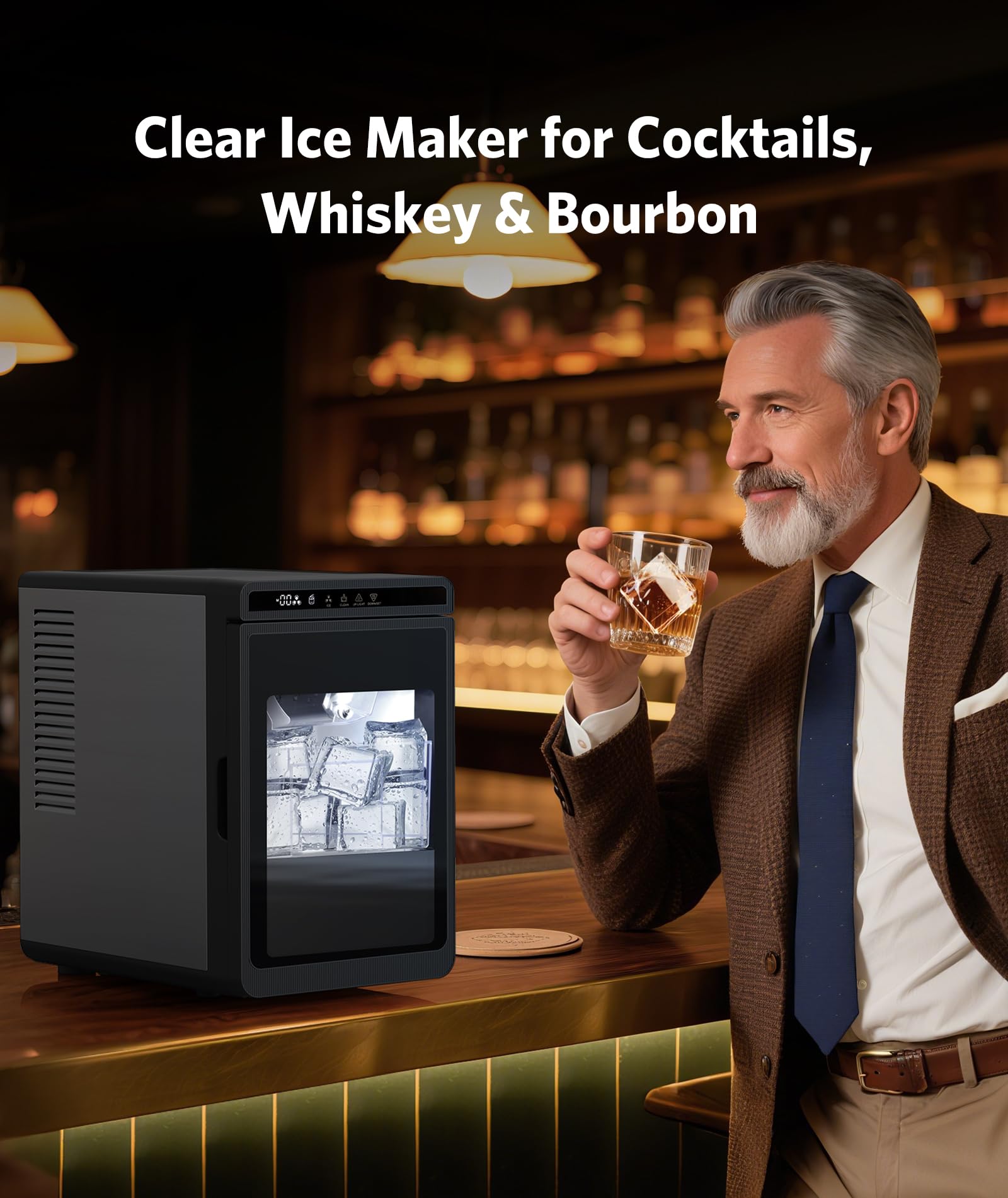 FREE VILLAGE Ice Makers Countertop Machine—Makes 3 Large1.6" Clear Ice Cubes in 15 Mins,24h Timer,Self-Cleaning Ice Maker with 5 Ice Cube Sizes for Cocktails,Whiskey & Bourbon