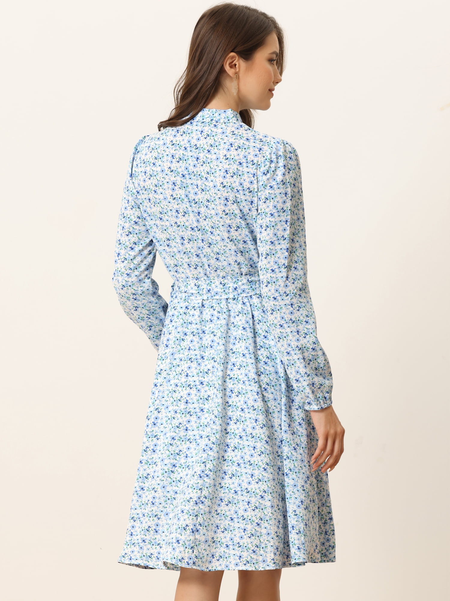 DARING DIVA Tie Neck Chiffon Belted Vintage Floral Midi Dress S Light Blue