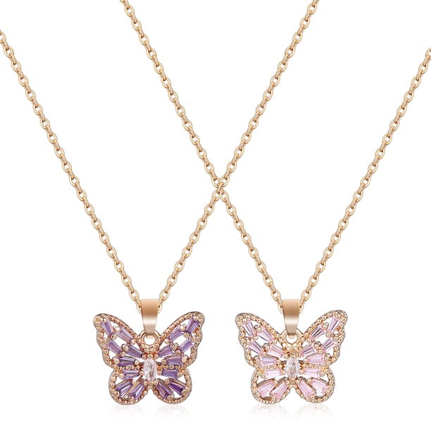 Collar con colgante de mariposa de 2 piezas, cadena de diamantes de imitación, bonita joyería de mariposa para mujer, collares de mariposa a juego