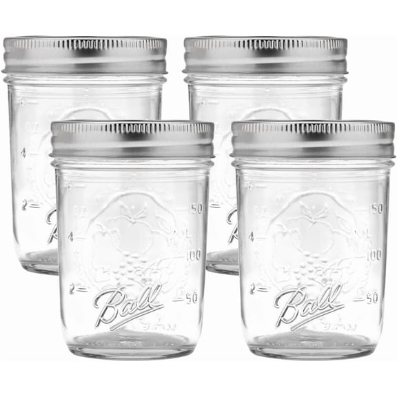 Ball Regular Mouth Glass Mason Jars with Lids and Bands, Half Pint Size 8 Ounce (Pack of 4)