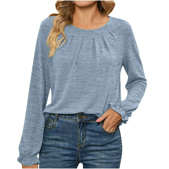 Lenpel Fall Tops for Women Ruffle Long Sleeve Pleated Crew Neck Tee Shirts Soft Casual Solid Color Tunic Blouse