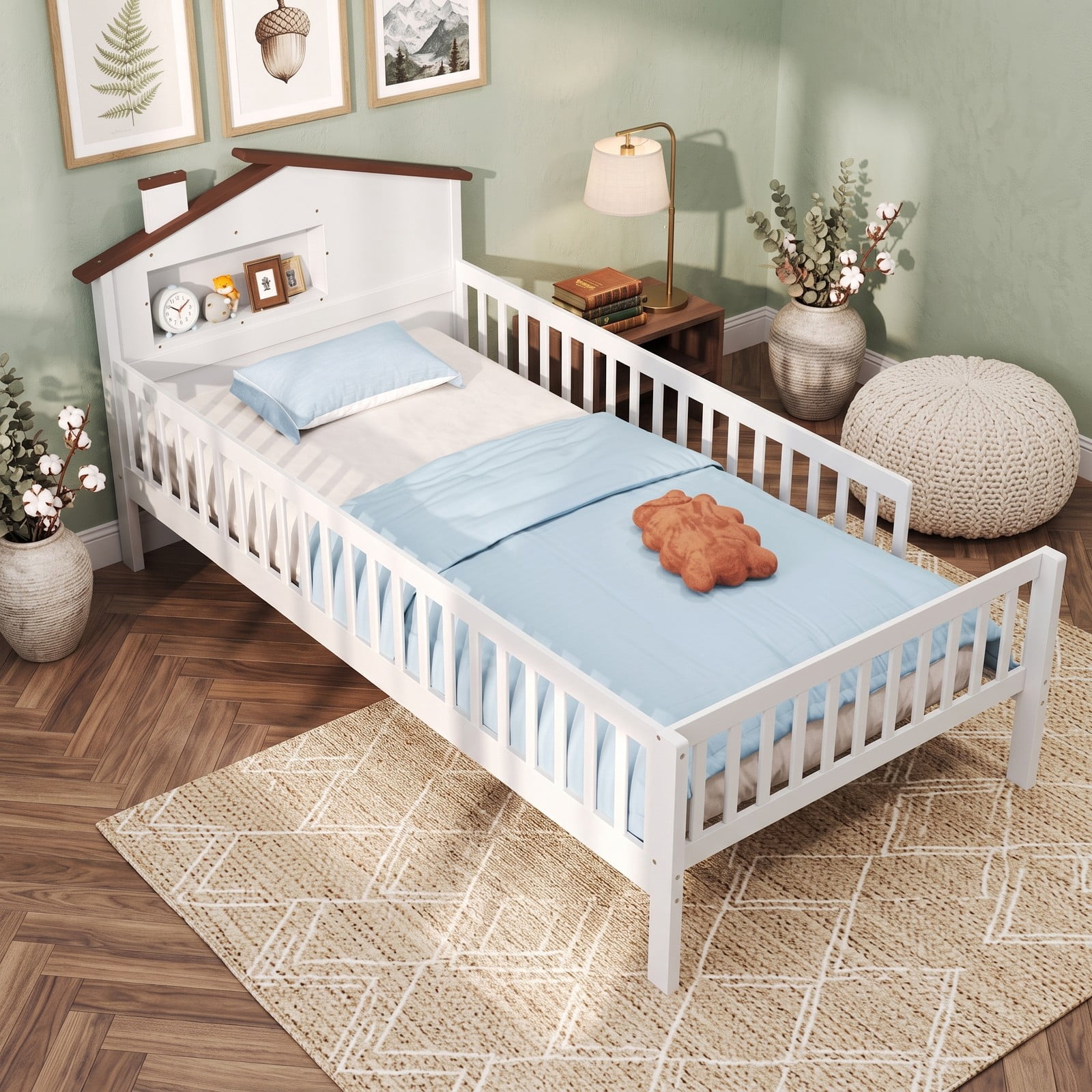 Furnibear Full Size Bed Frame Montessori Floor Bed with House Headboard and Storage Shelf and Guardrails for Kids Room, White