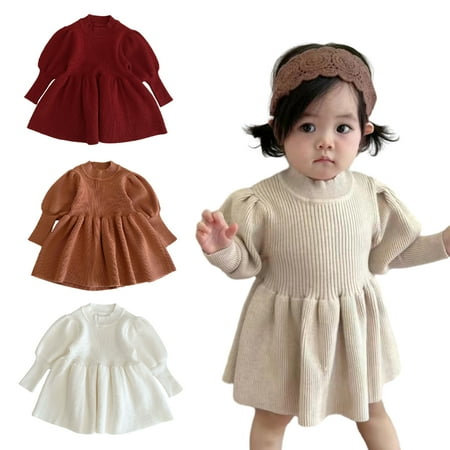 

KYAIGUO Baby Girl Knit Sweater Dress Winter Fall Pleated Ruffle Dress Longsleeve Winter Knit Princess Dress Solid Casual Party Dress Outfit