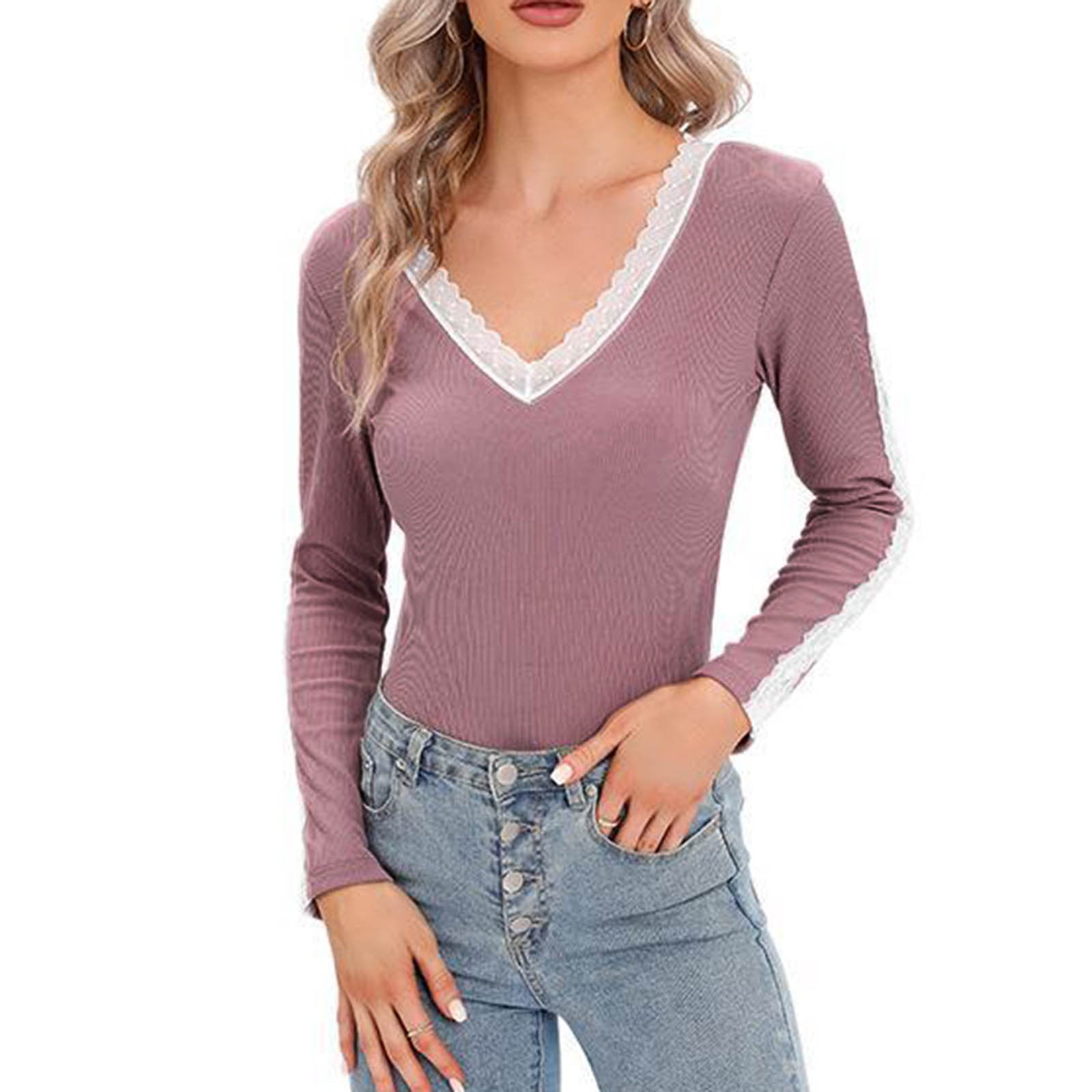 HSMQHJWE Camisetas Para Mujer De Algodon Space Apparel Womens Panel V Neck Knit Brushed Long Sleeve T Shirt Slim Fit Bottoming Shirt Fashion Blouse - Walmart.com