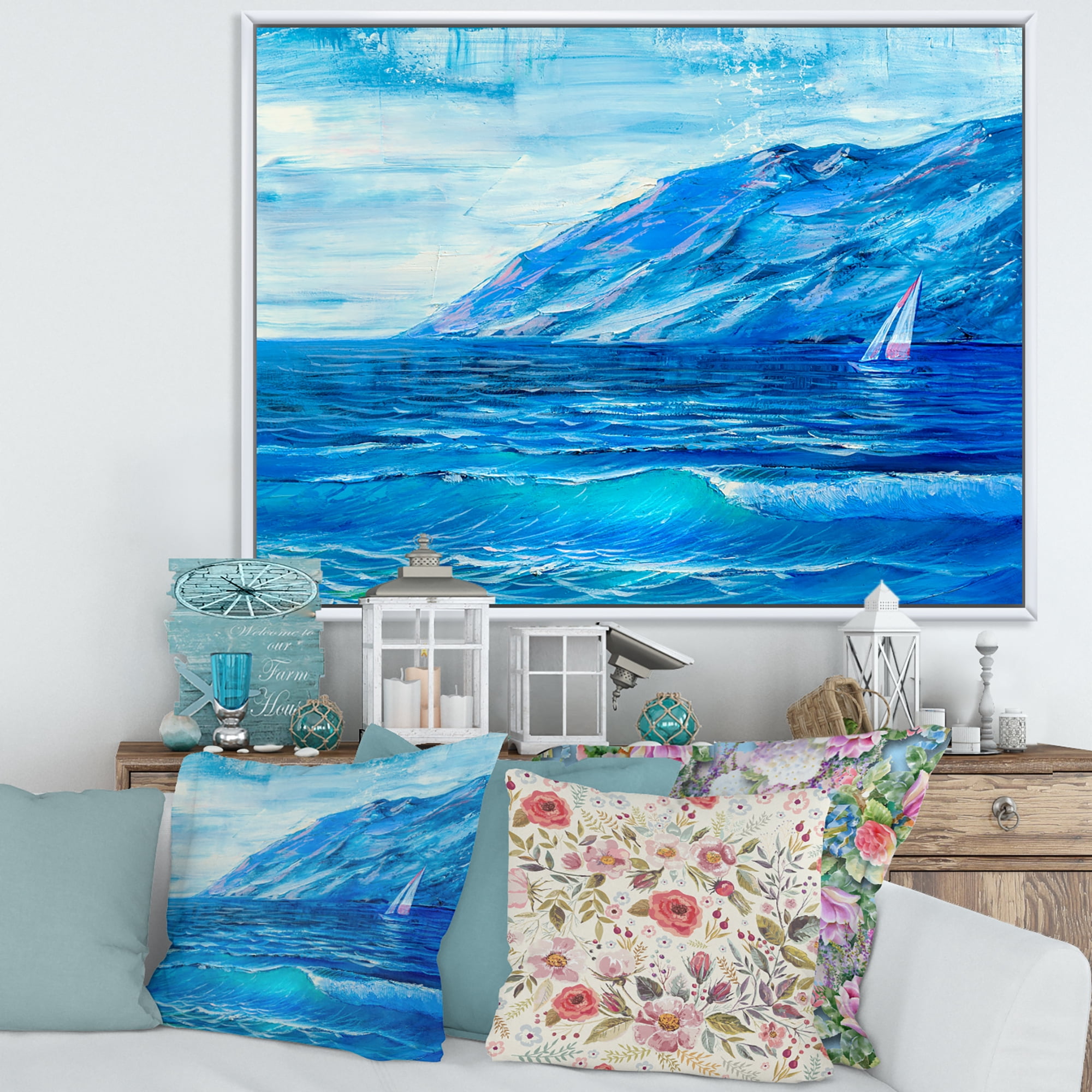 Designart 'Sunrise Glow On The Sea Waves II' Nautical & Coastal Framed Canvas Wall Art Print
