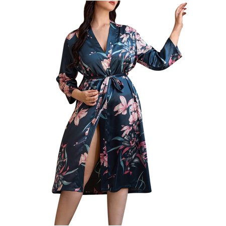 

Women Floral Robe Silk Lightweight Long Robes Satin Bathrobe Soft Sleepwear V-Neck Ladies Loungewear Plus Size Casual Clothes