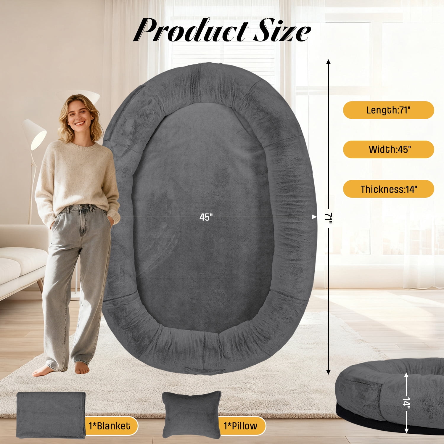 Hidpriva Human Dog Bed for Adults, 71" Extra Large Human-Sized Dog Bed, Washable Faux Fur with Blanket and Pillow,Dark Grey