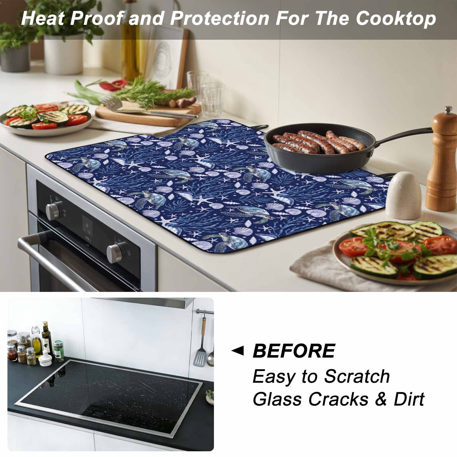 Coastal Turtle Stove Top Cover for Electric Stove, Heat-proof & Non Slip Glass Top Stove Cover Protector, Blue Ocean Starfish Retro Coral Shell Kitchen Flat Cooktop Rubber Mat 24x21 Inches