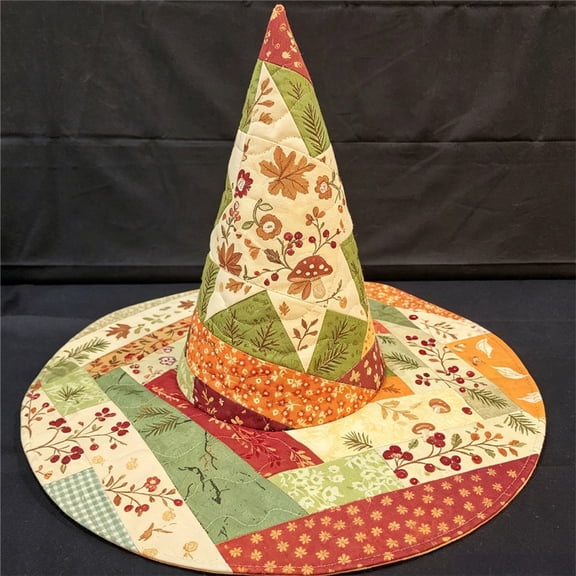 Women Floral Print Quilted Witch Hat, Wide Brim Pointed Wizard Hat, Cottagecore Boho Hat for Photoshoot Garden Party Costume Dress Up