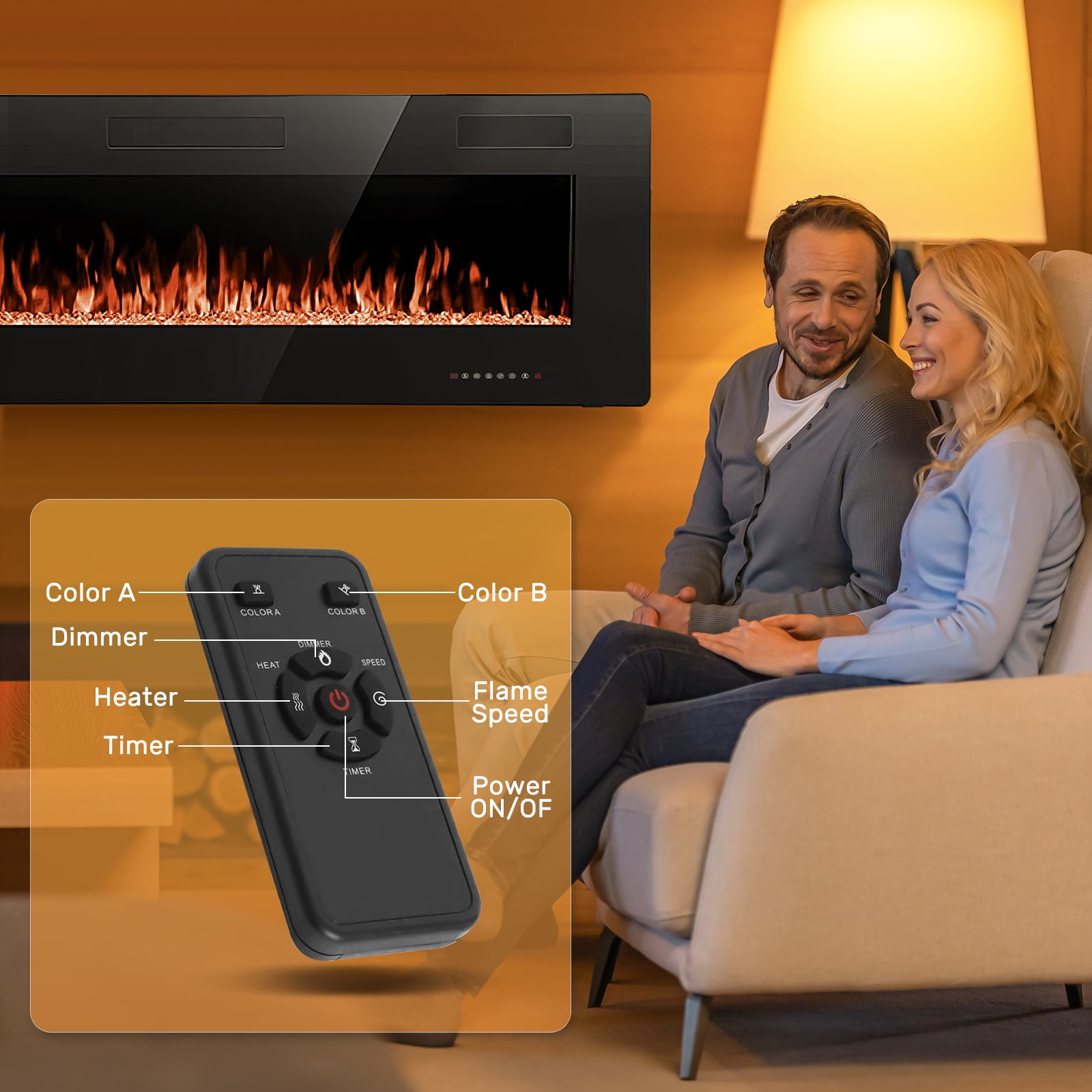Auseo 50 inch Embedded Wall Mounted Indoor Electric Fireplace, Ultra-thin Low Noise Lightweight LED Fireplace Heater, Touch Screen, Timer, 1500W, Adjustable Flame Color and Speed, Black