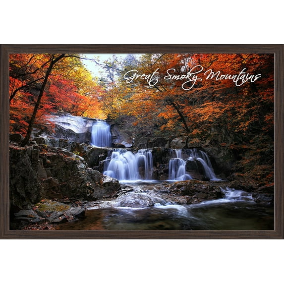 Great Smoky Mountains, Tennessee - Waterfall & Autumn Colors - Lantern Press Photography (24x16 Giclee Art Print, Gallery Framed, Espresso Wood)