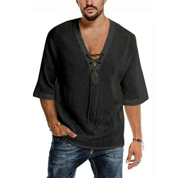 Mawclos Mawclos Mens Loose Dry Fit T Shirt Stylish Hippie Lace Up Shirt Cotton Linen Basic Tee Shirt Drawstring V Neck Yoga Top Walmart Com Walmart Com