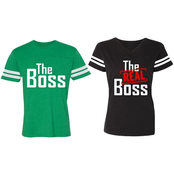 The Boss The Real Boss Matching Couple Cotton Jerseys (Men Green / Women Black) (Men S / Women S)