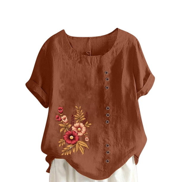 Camisetas de Manga Corta para las Mujeres Impreso Botón de Manga Corta Camiseta Blusa Poliéster, Ropa Casual Mirar Superior para las Mujeres