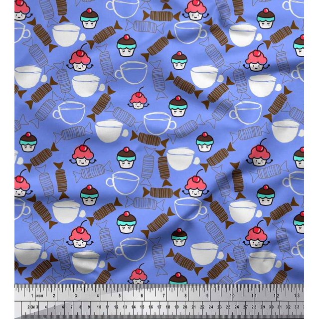 Soimoi Rayon Fabric Cup,Candies & Cupcake Food Print Fabric by Yard 42 Inch Wide