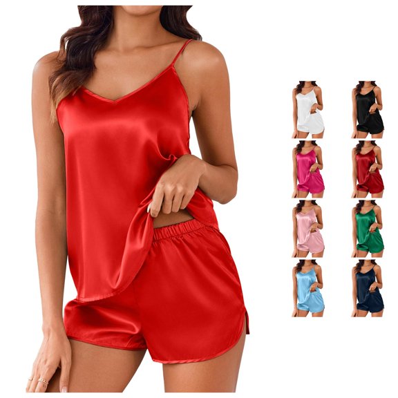 TinyBloomm Pajamas for Women Women's Silk Pajamas Set For Women Satin Camisole Sleepwear V Neck Top And Shorts Pajamas Set, Size M