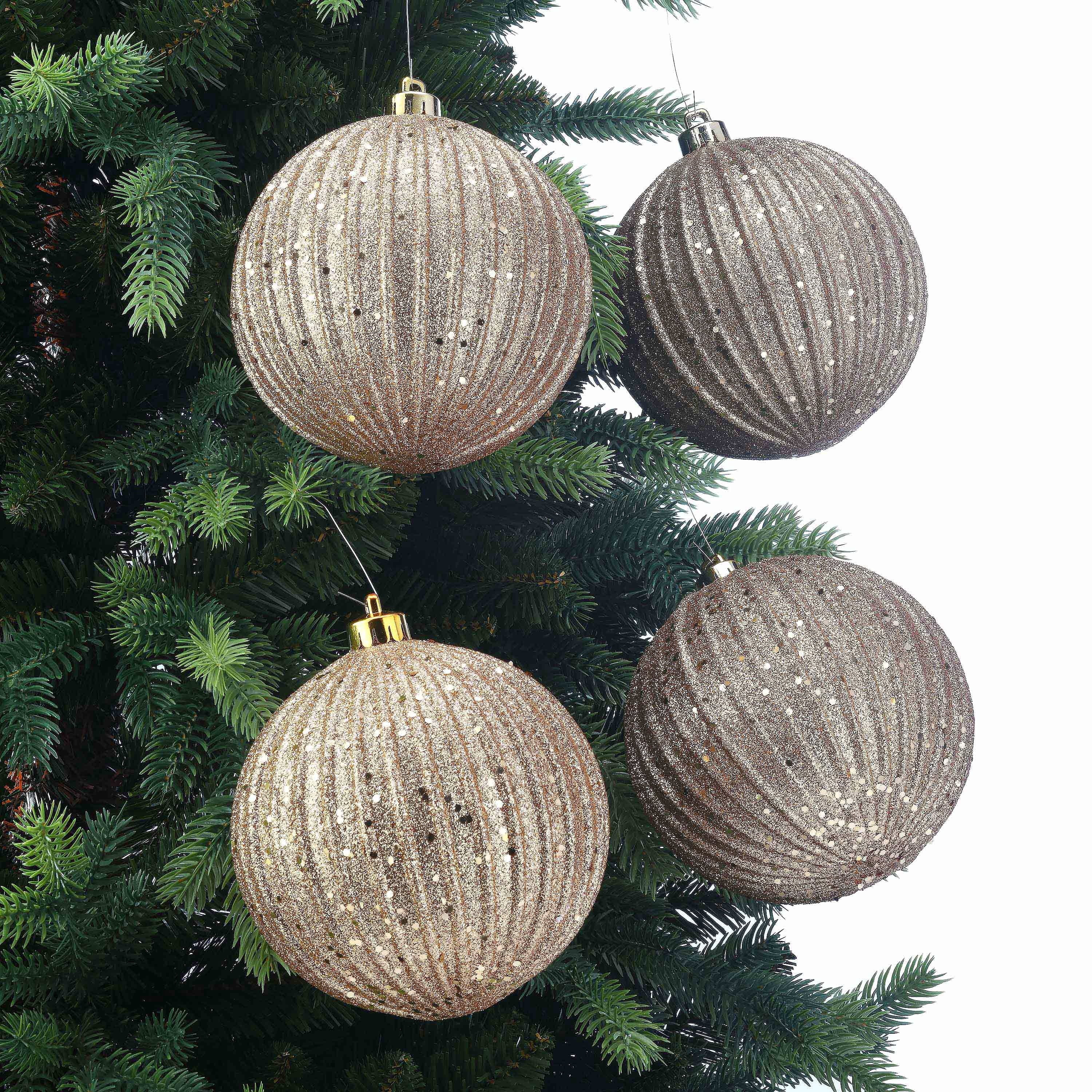 4-Count Gold Glitter Ribbed Shatterproof Christmas Ornaments, 6", by Holiday Time
