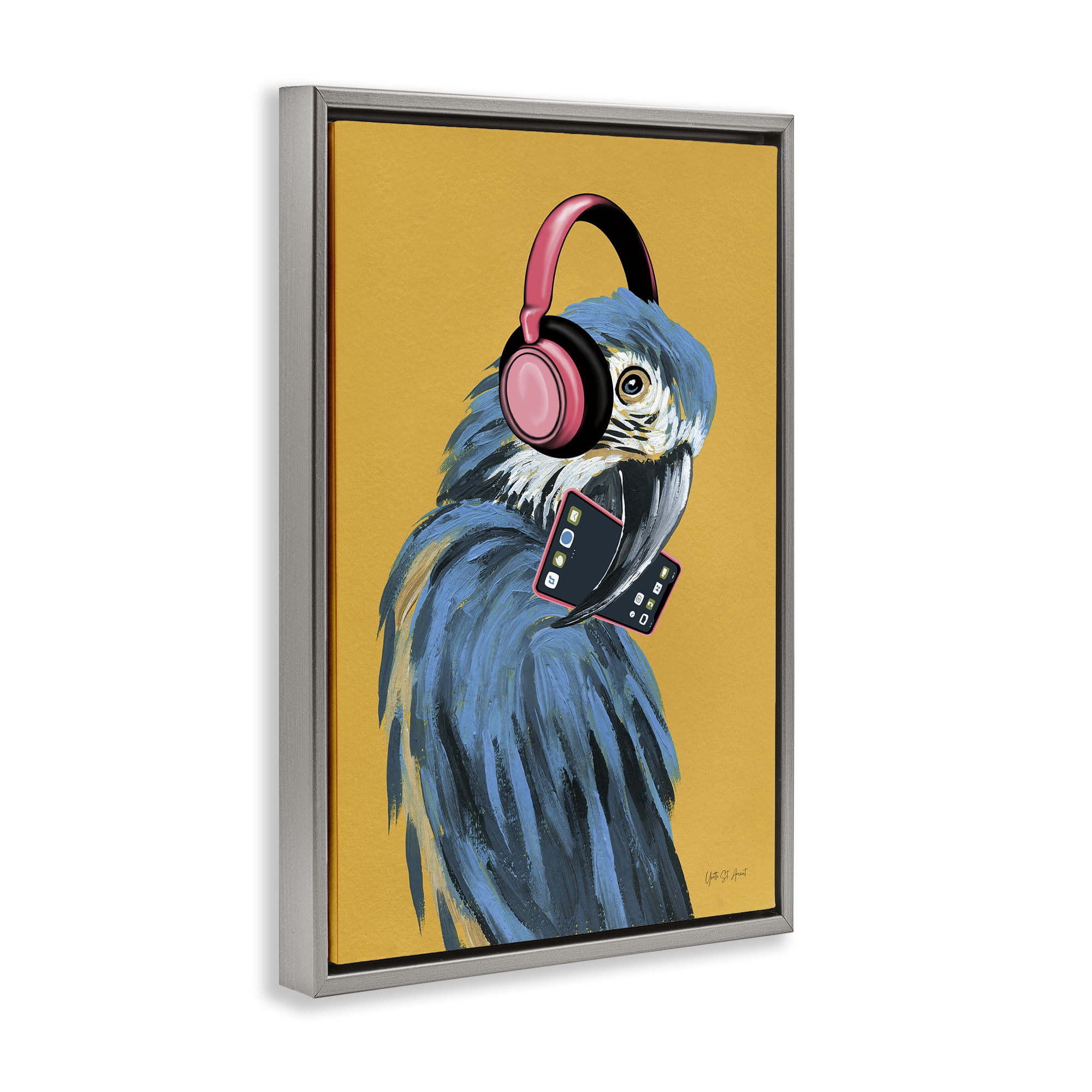 Stupell Industries Parrot Listening to Music Animals & Insects Painting Gray Floater Framed Art Print Wall Art, 17 x 25
