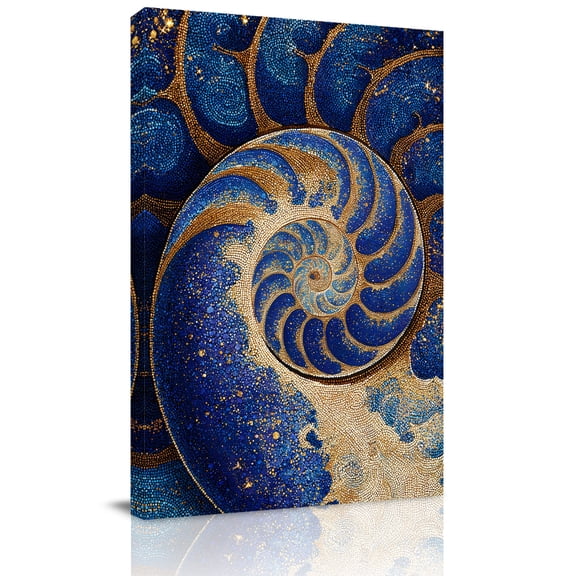 Luxury Seashell Canvas Wall Art for Living Room, Abstract Blue Gold Mosaic Ocean Poster Print Painting for Bedroom Office Home Decoration Wall Pictures Prepare To Hang 12"x18"