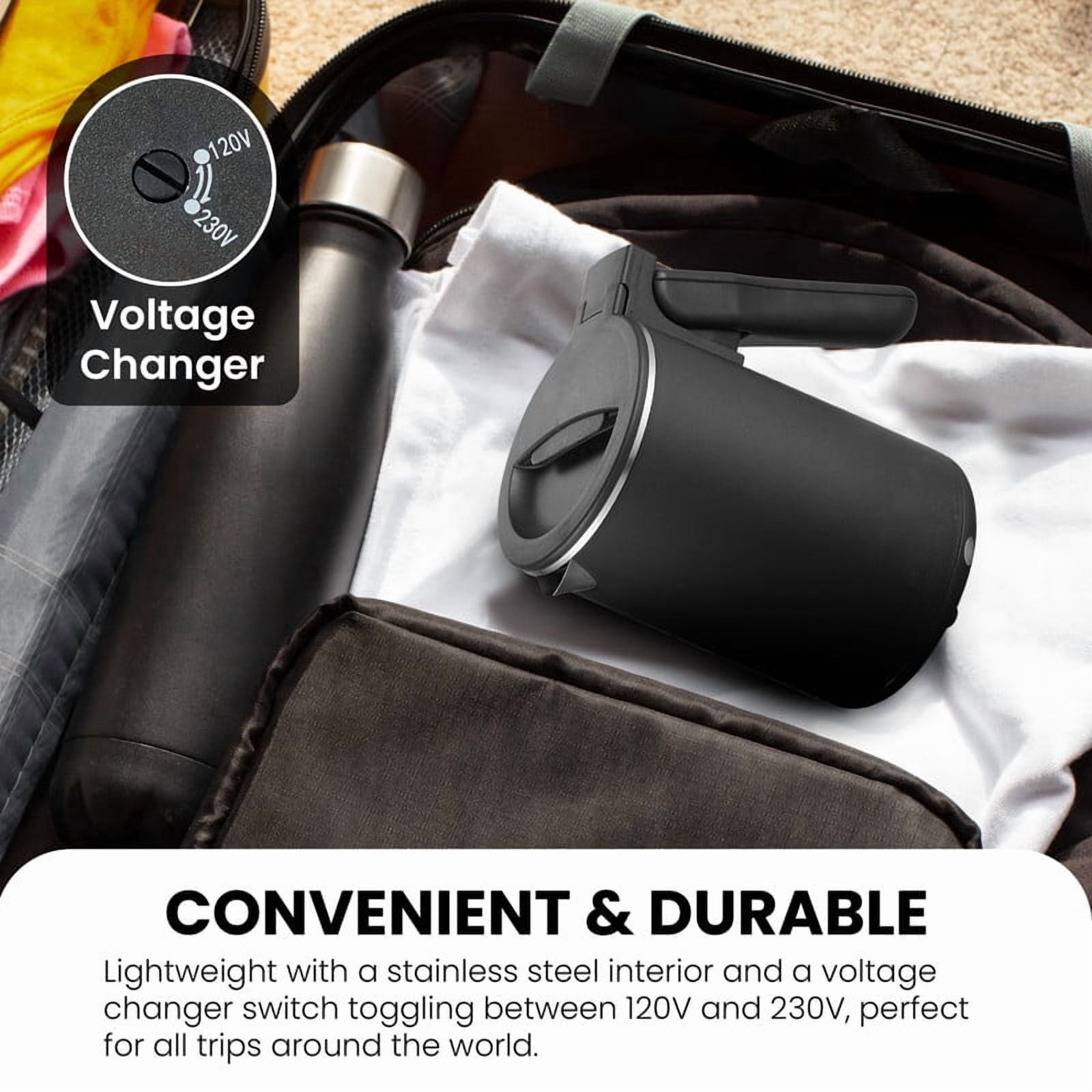 Elite Cuisine EKT157 Dual Voltage 110-220V US Plug, Travel Double Wall Cool-Touch, 0.65Qt. Electric Kettle
