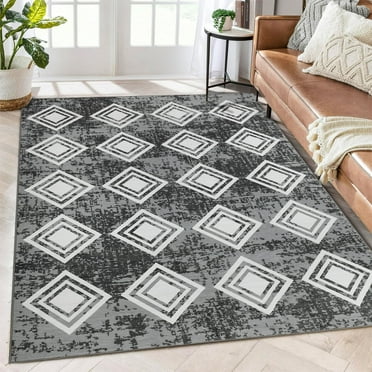 Garvee 4' x 6' Area Rug Contemporary Geometric Washable Rugs for Living Room Bedroom Non-Slip Non-Shedding Indoor Floor Carpet, Black Gray