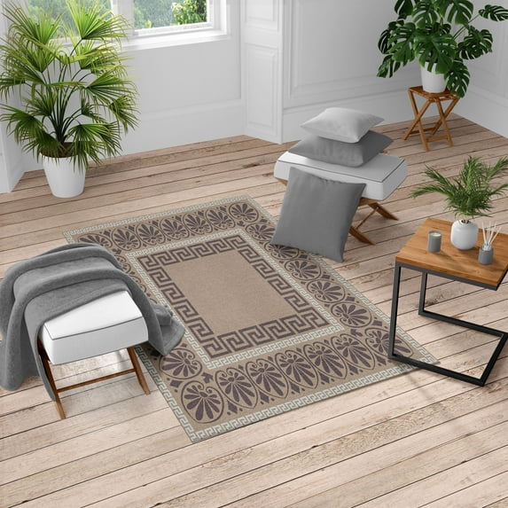 Greek Key Turkish Area Rug, Ancient Grecian Meandros Pattern Intricate Lines Floral Cultural Artwork, Soft Carpet for Living Room Decor with Distressed Look, 5.2' X 7.6', Warm Taupe, by Ambesonne