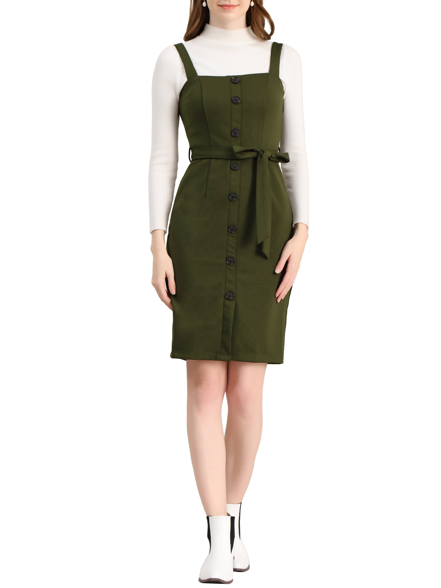 Allegra K Women's Button Decor Bow Tie Waist Suspender Overall Jumper Dress, Size: Medium, Purple