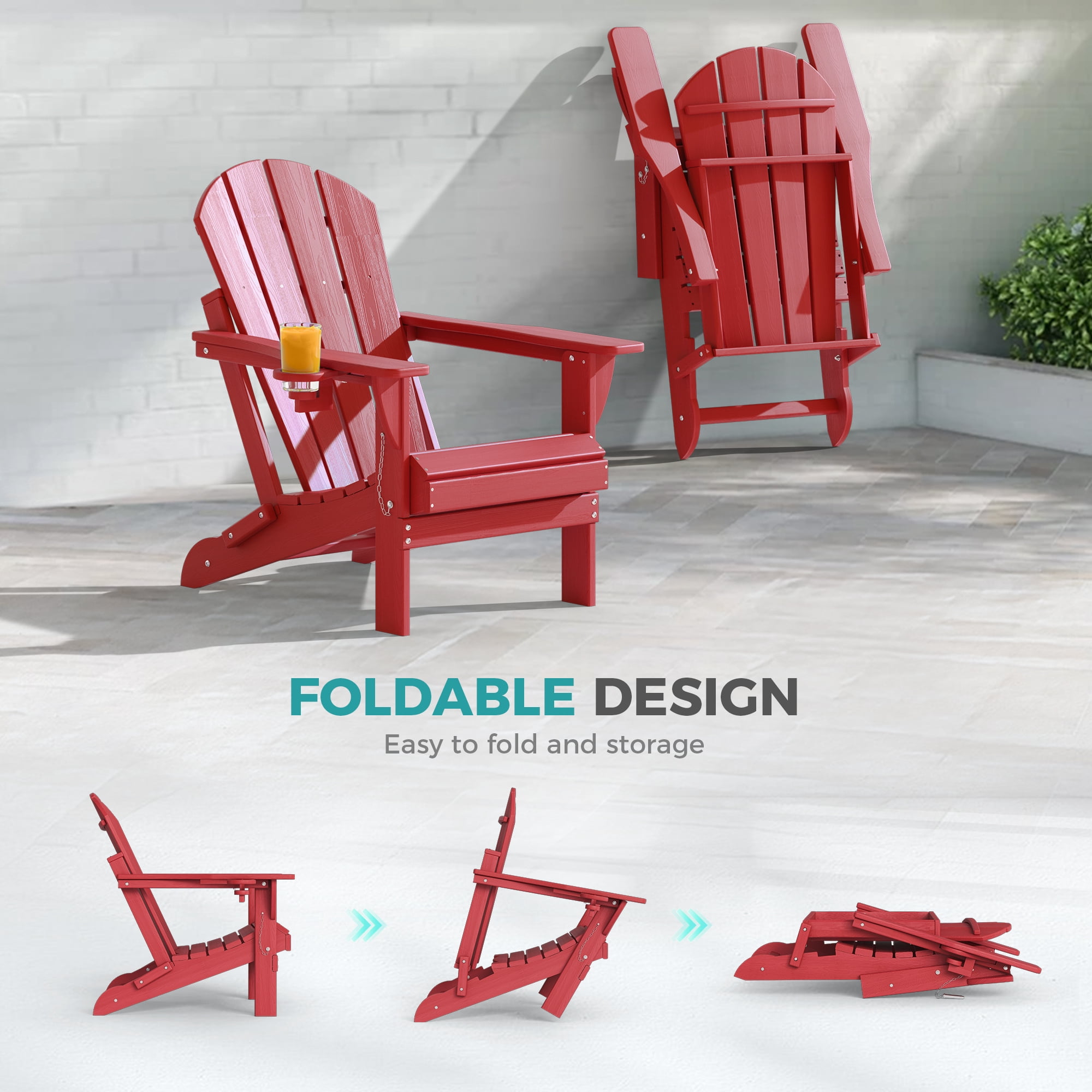 Folding Adirondack Chair Set of 2, Oversized HDPE Plastic Patio Chairs, Red
