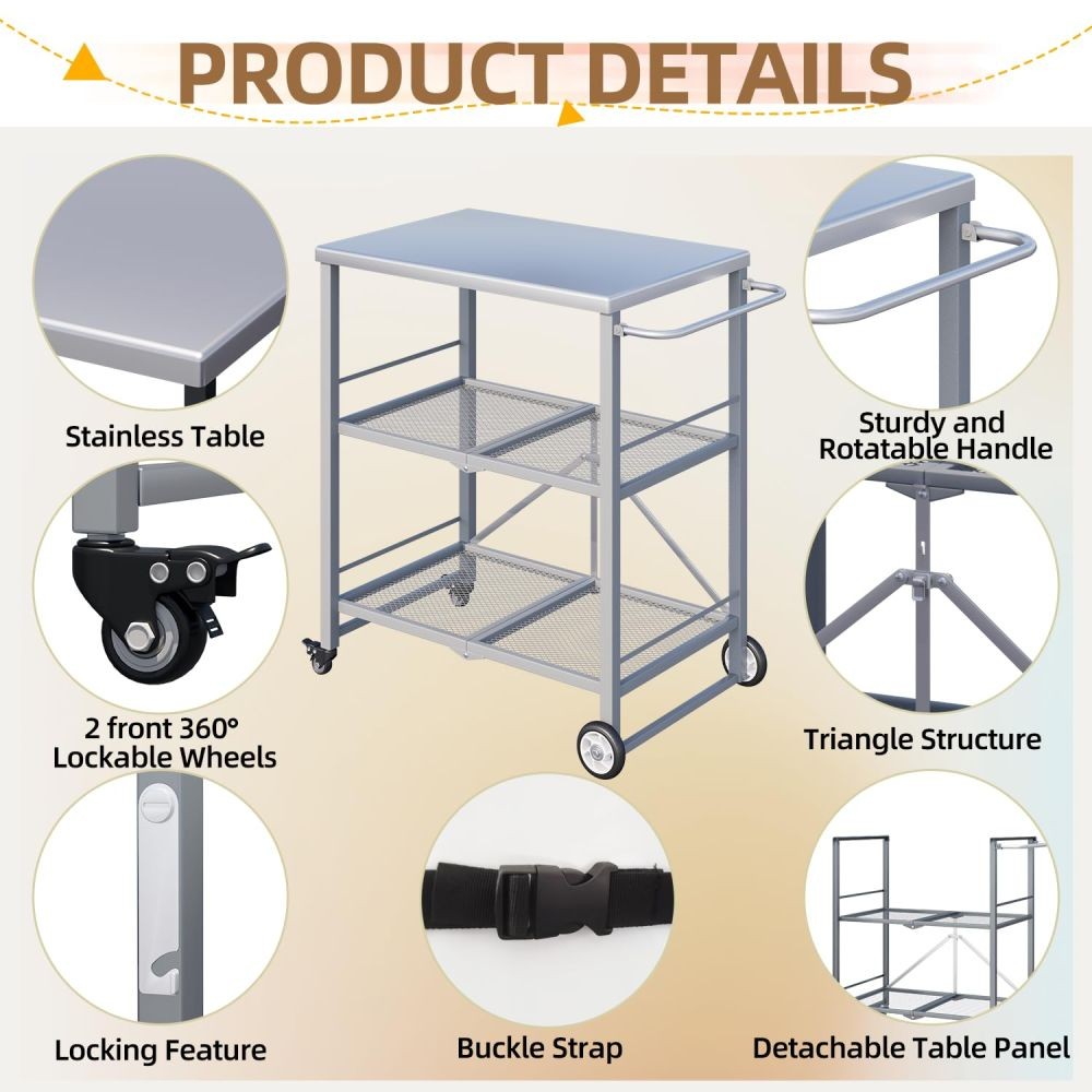 LYYHTY Stainless steel 3-layer folding barbecue preparation table with wheels, outdoor BBQ storage table, courtyard camping portable grill side table, outdoor Grill TableGray