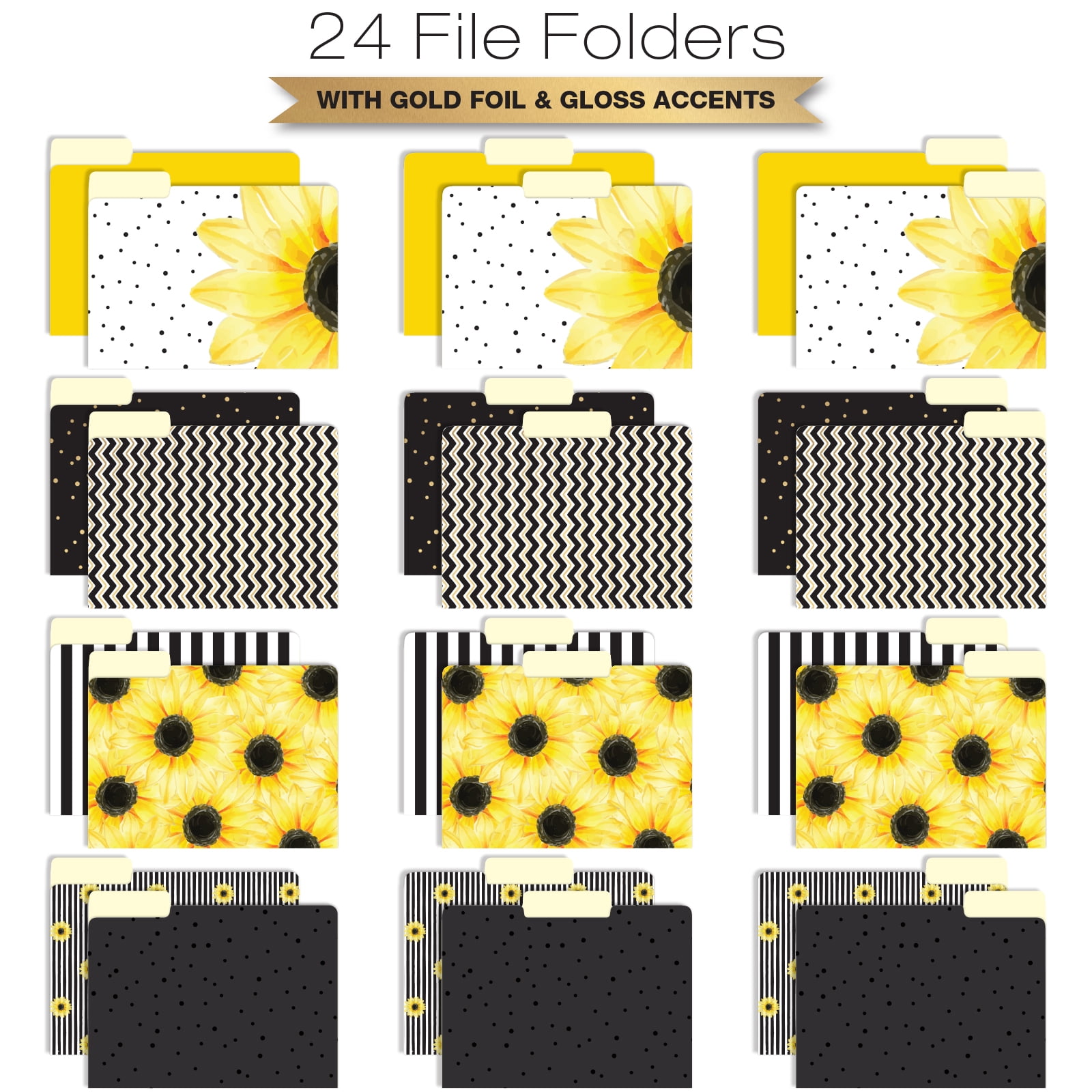 Global Printed Products 12 Hanging File Folders and 24 File Folders, Letter Sized- Sunflower